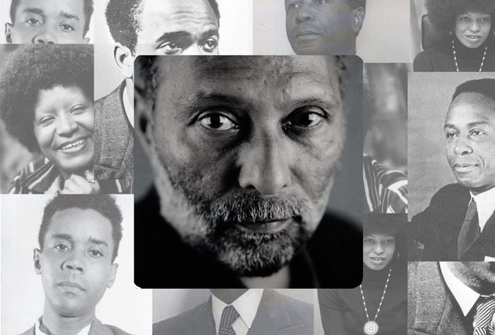 En el centro se encuentra un retráto fotográfico de Stuart Hall en blanco y negro. En el fondo, aparecen retratos en blanco y negro de C.R.L. James, George Padmore, Franz Fanon, Lélia González y Ángela Davis.